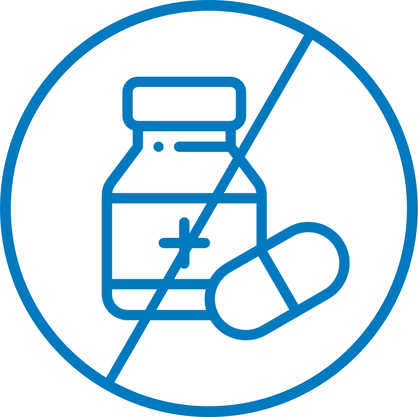 Blue line drawing of a pill bottle and capsule with a diagonal line through it.