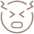 A brown outline icon of a face wincing, showing distress or pain.