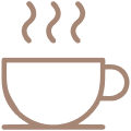 A simple line icon of a steaming cup of coffee or tea.