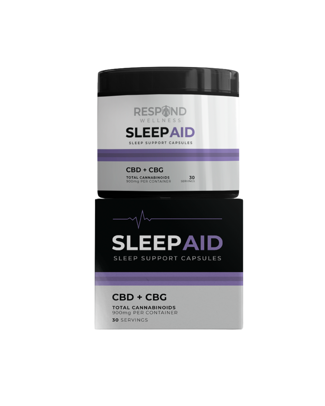 Sleep aid capsules container labeled CBD + CBG, 30 servings.