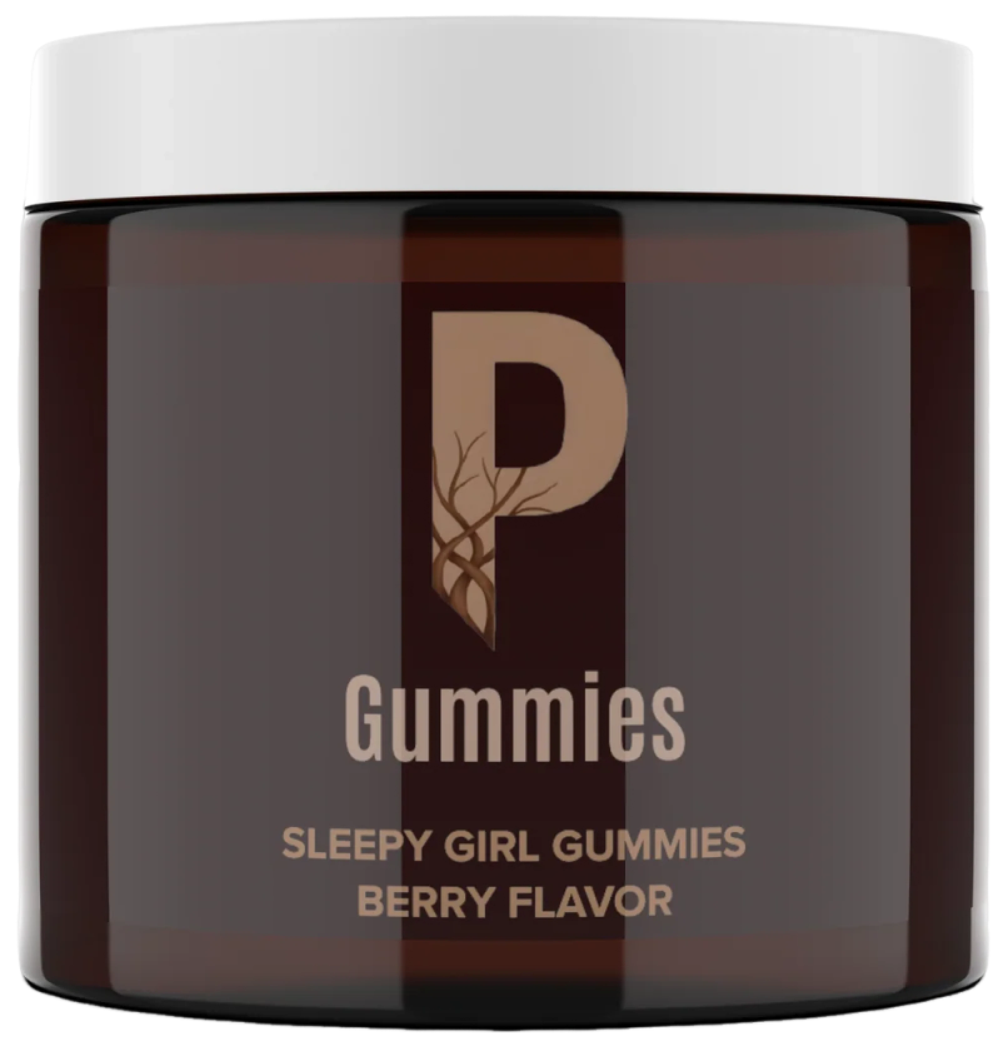 A dark brown jar of Sleepy Girl Gummies, berry flavor, with a white lid.