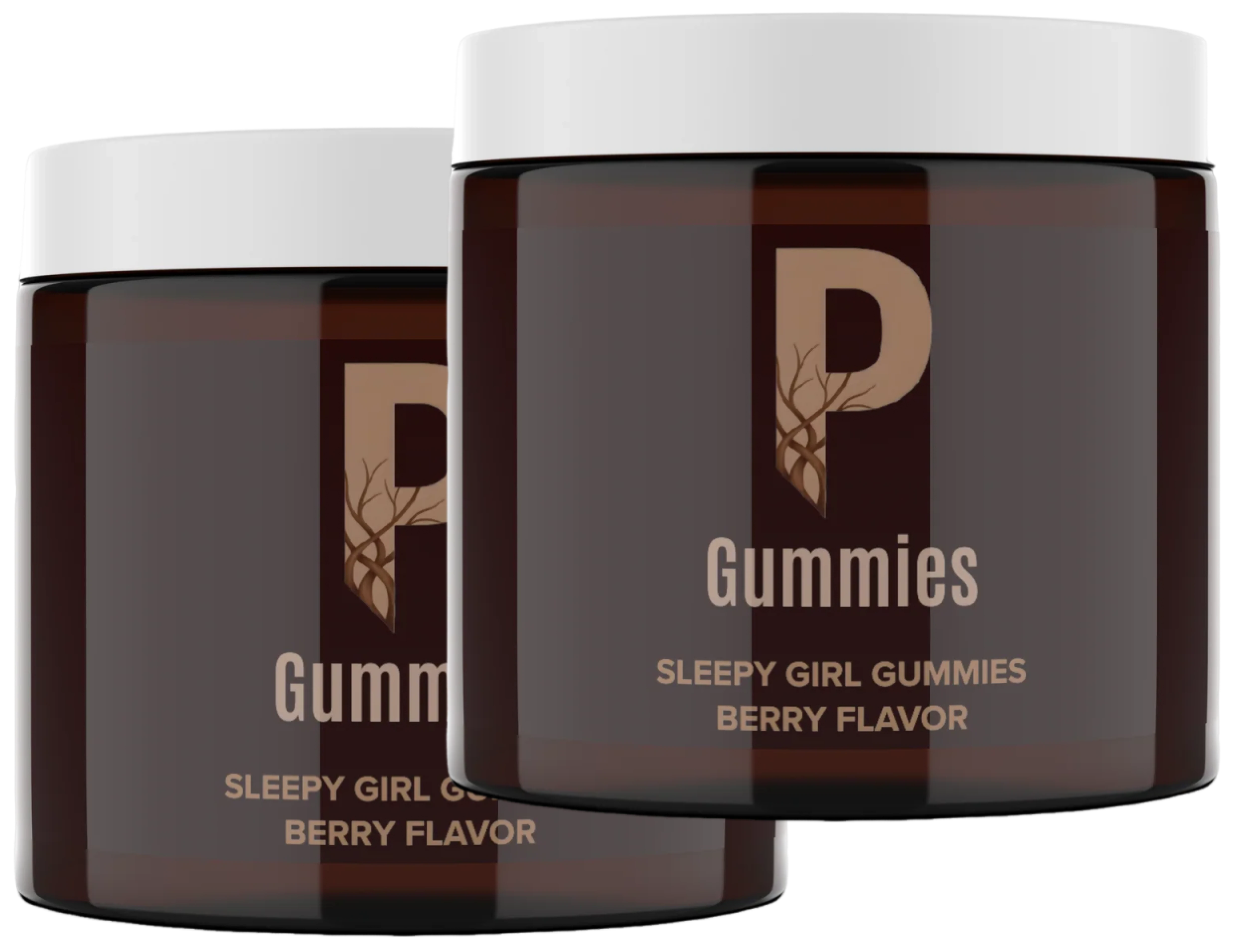 Two brown jars with white lids labeled P Gummies, Sleepy Girl Gummies, Berry Flavor against a white background.