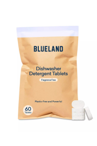 Package of Blueland dishwasher detergent tablets with a few tablets next to it.