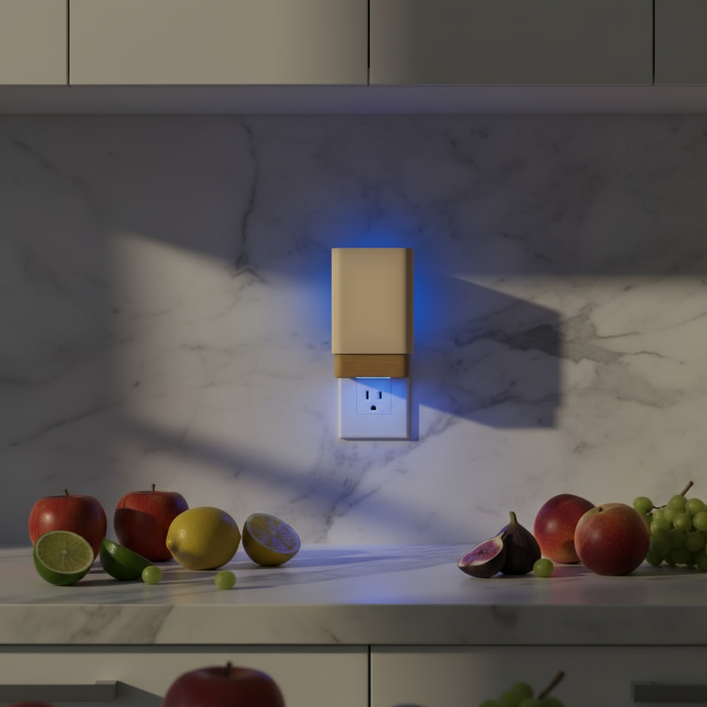 Kitchen counter with fruits and a plugged-in night light.
