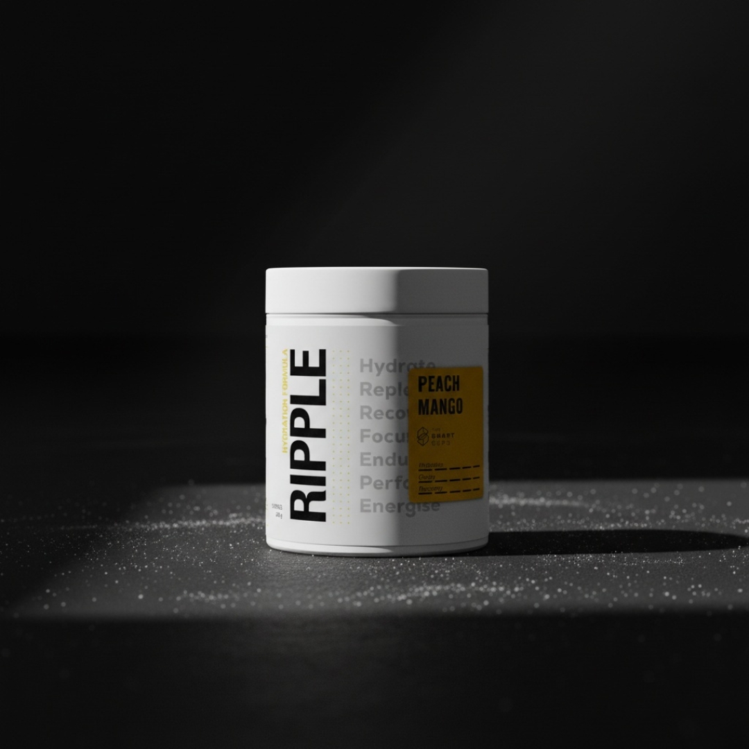 A container labeled 'Ripple' with a peach mango flavor on a dark background.
