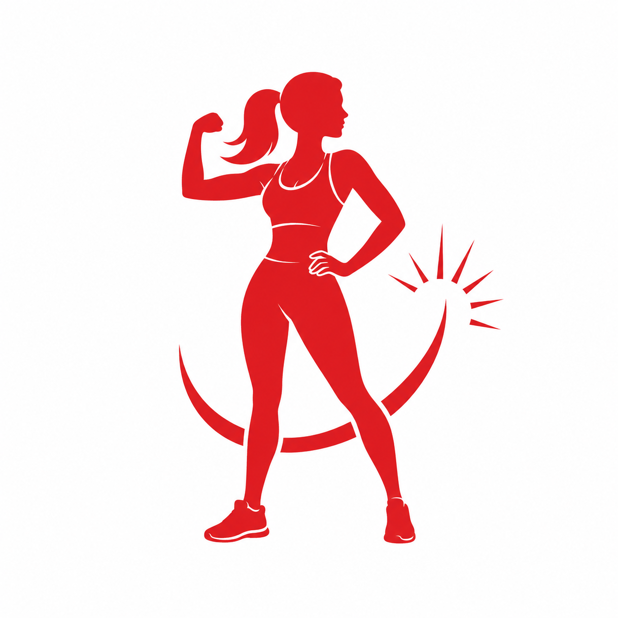 A red silhouette of a woman in fitness clothes flexing her bicep in front of a crescent shape.