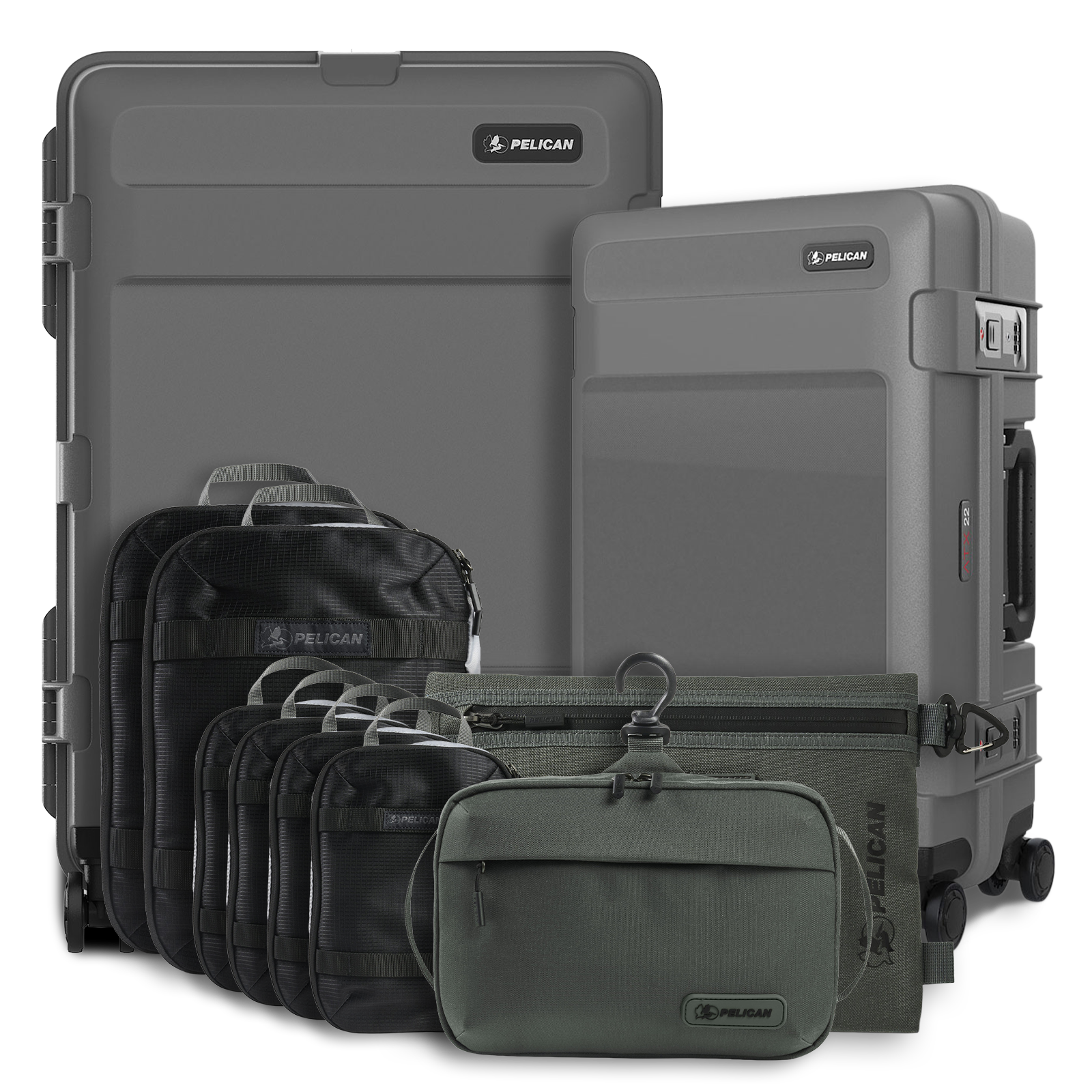 Various Pelican brand bags and wheeled cases in gray and black.