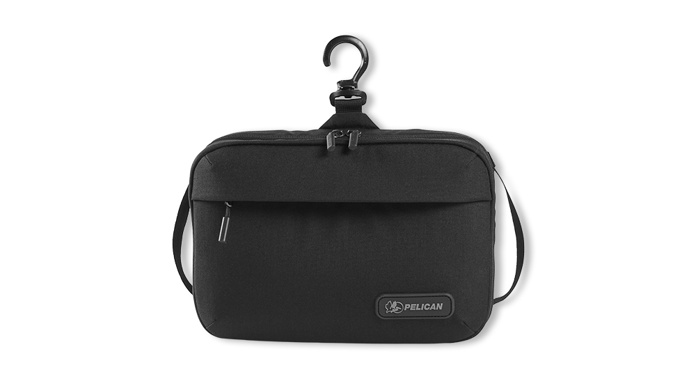 Black hanging toiletry bag with a zipper and Pelican logo.