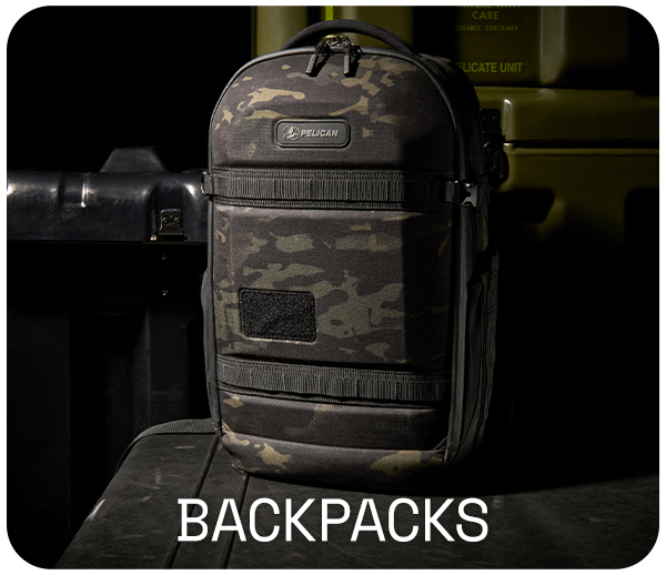 Camo-style backpack on a dark surface with the word 'BACKPACKS' underneath.