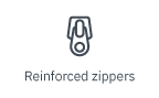 Illustration of a reinforced zipper with text 'Reinforced zippers' below.