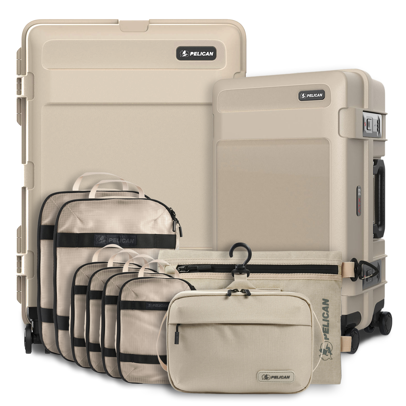 Set of beige Pelican travel cases and bags on display.