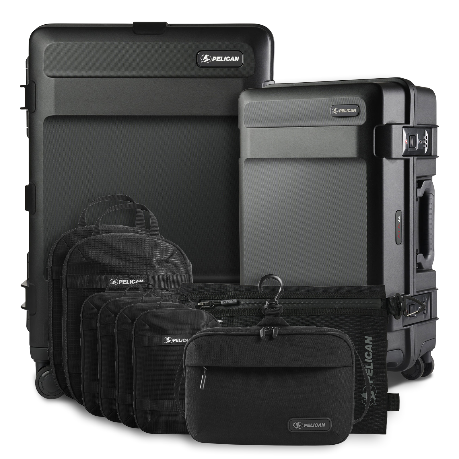 Collection of black Pelican bags and cases of various sizes.