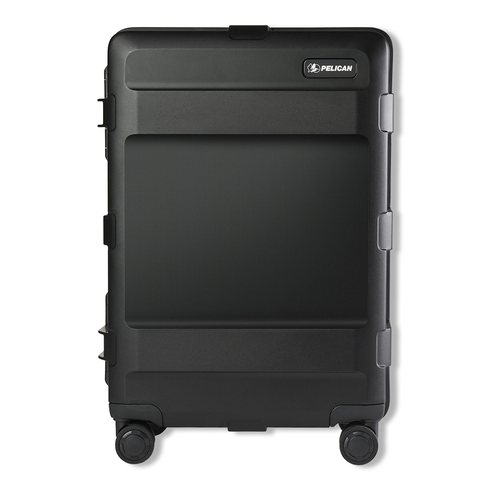 Black hard-shell suitcase with wheels and a logo on top.