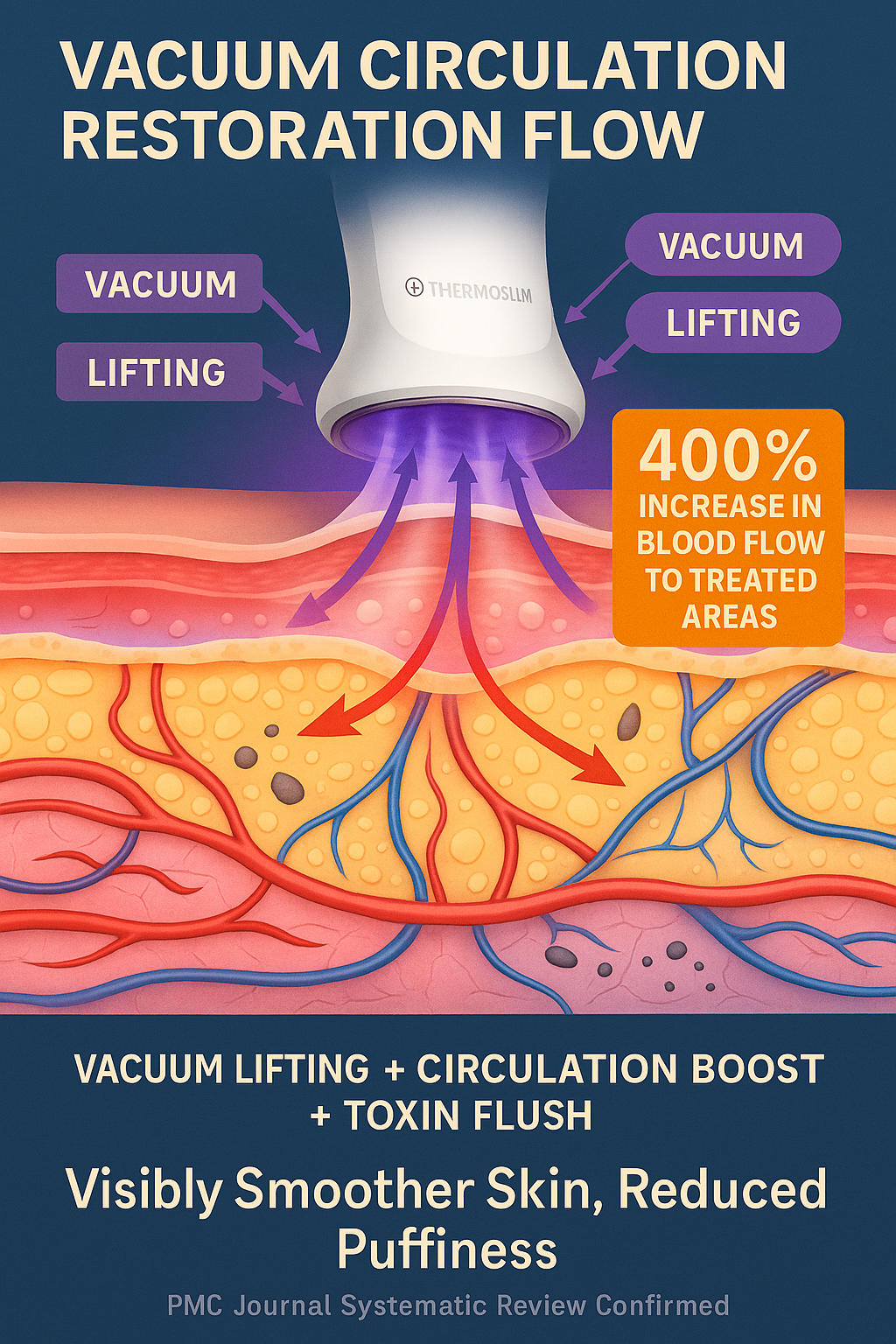 Diagram of vacuum device increasing blood flow in skin layers, labeled benefits and 400% increase claim.