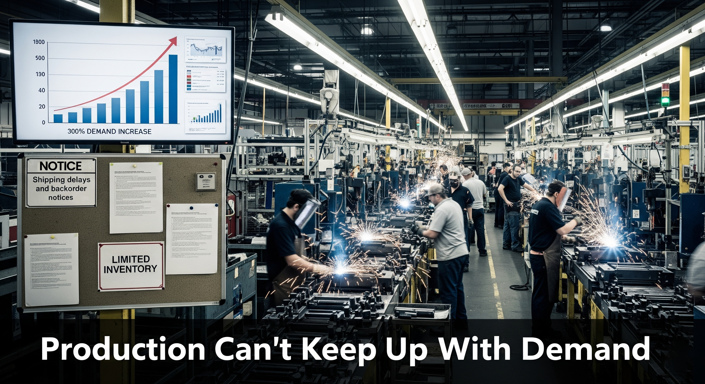Factory workers operating machinery with a demand increase graph displayed.
