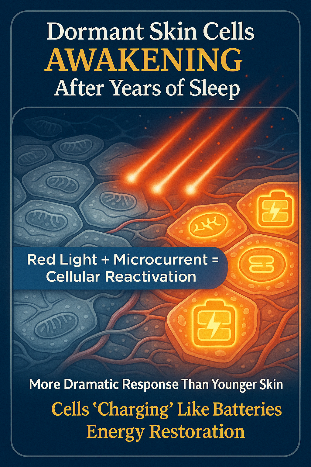 Illustration of skin cells activating with text about red light and microcurrent effects.