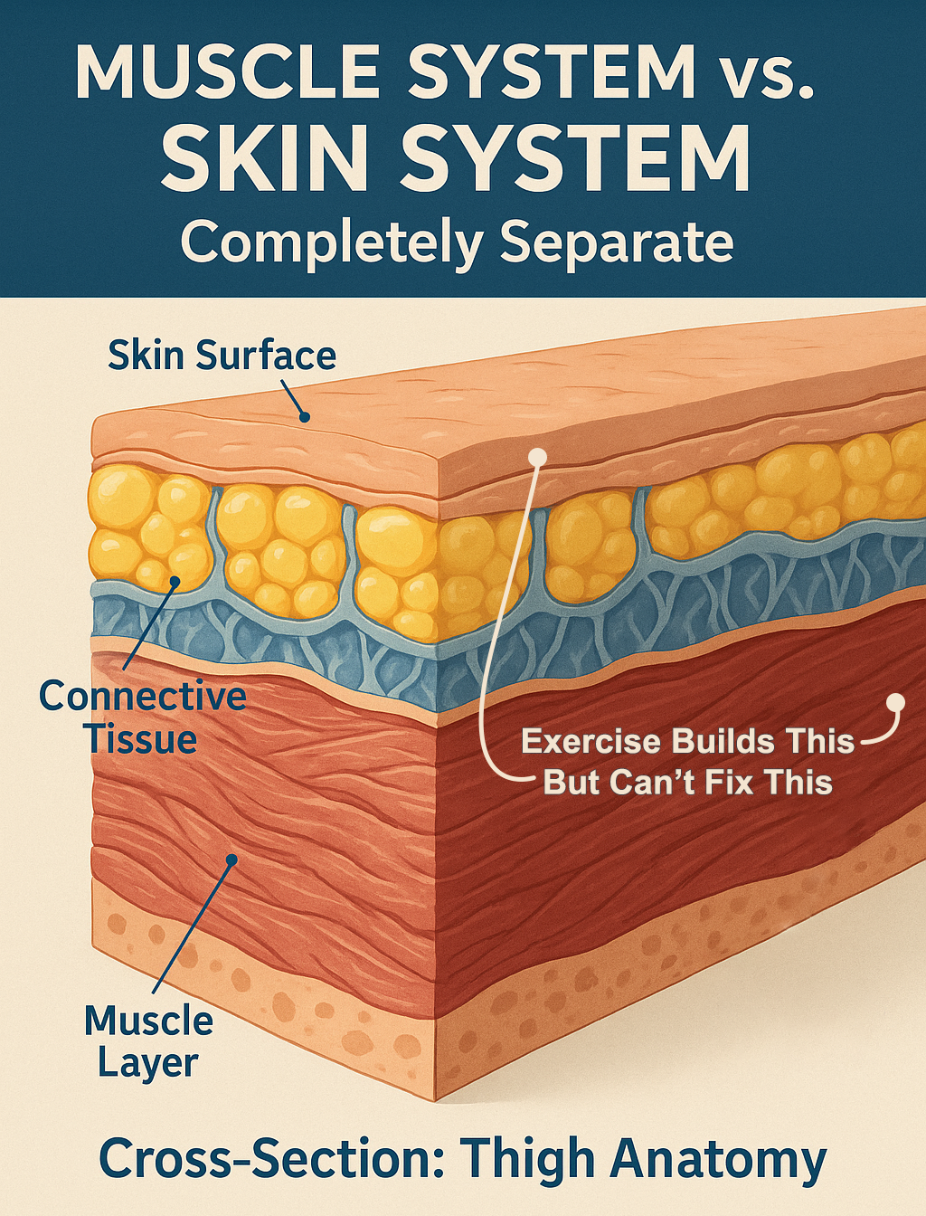 Diagram of muscle and skin layers in thigh with labeled sections.