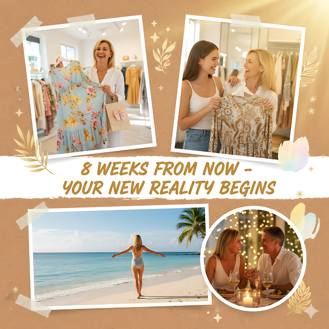 Collage of shopping, beach, and candlelit dinner with text: '8 Weeks from Now - Your New Reality Begins'.