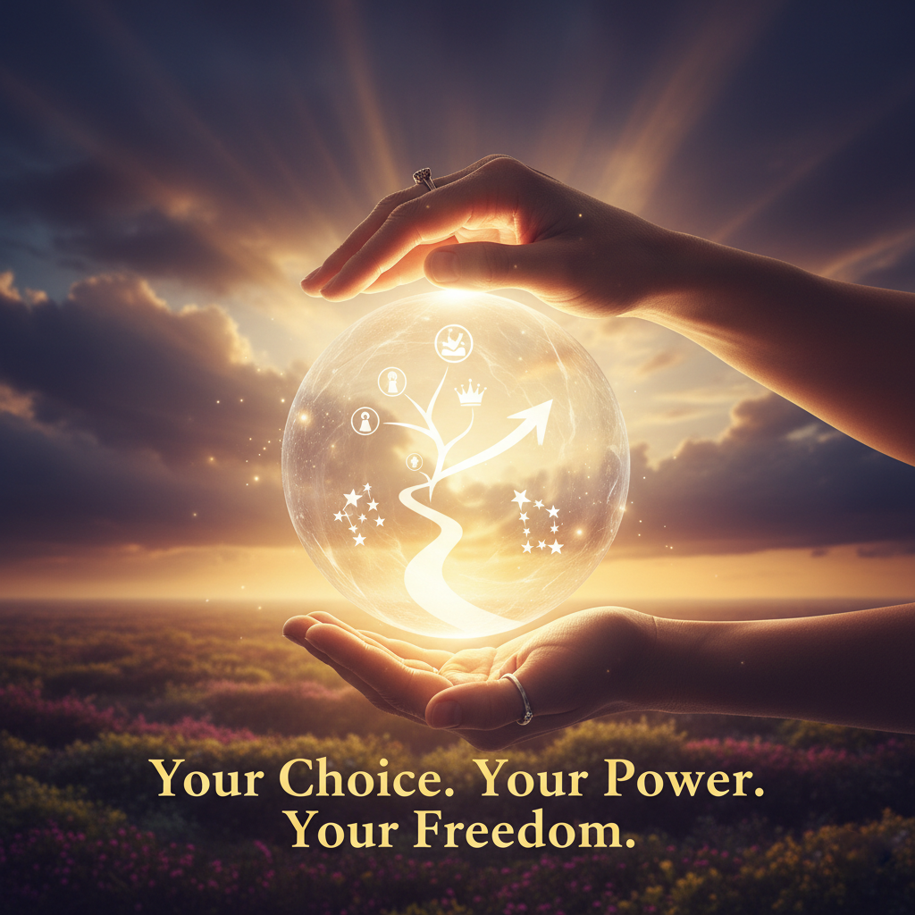 Hands holding a glowing sphere with symbols, sunset in background.