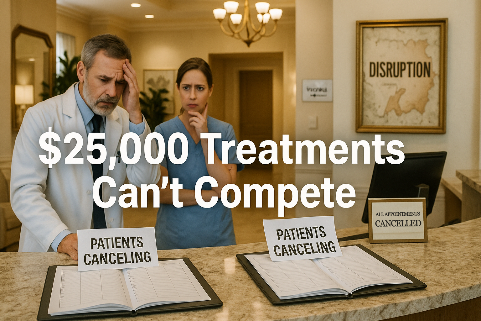 Two concerned clinic staff next to signs reading 'Patients Canceling' and 'All Appointments Cancelled'.