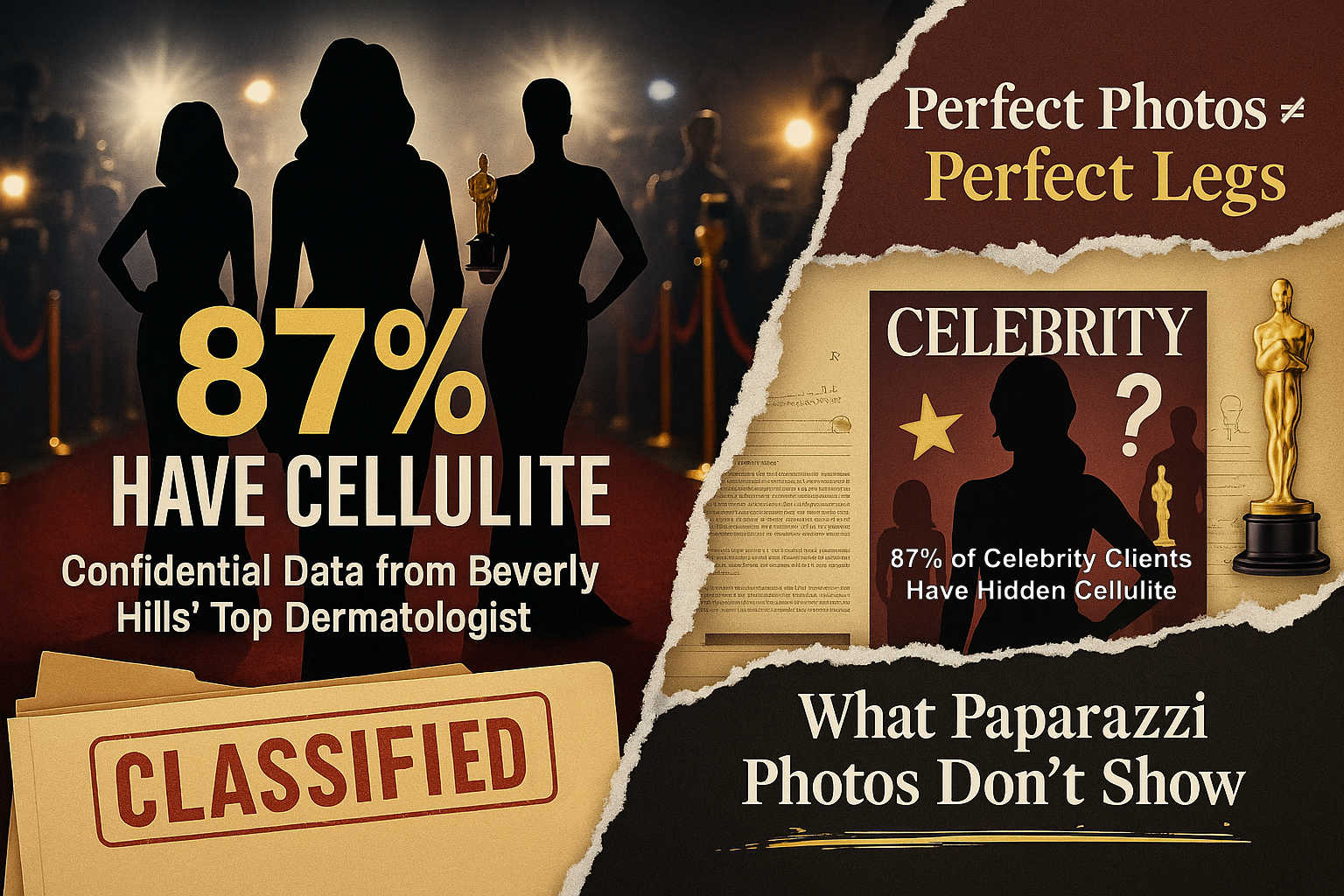 Silhouettes on red carpet, text about cellulite statistics, and 'CLASSIFIED' folder image.