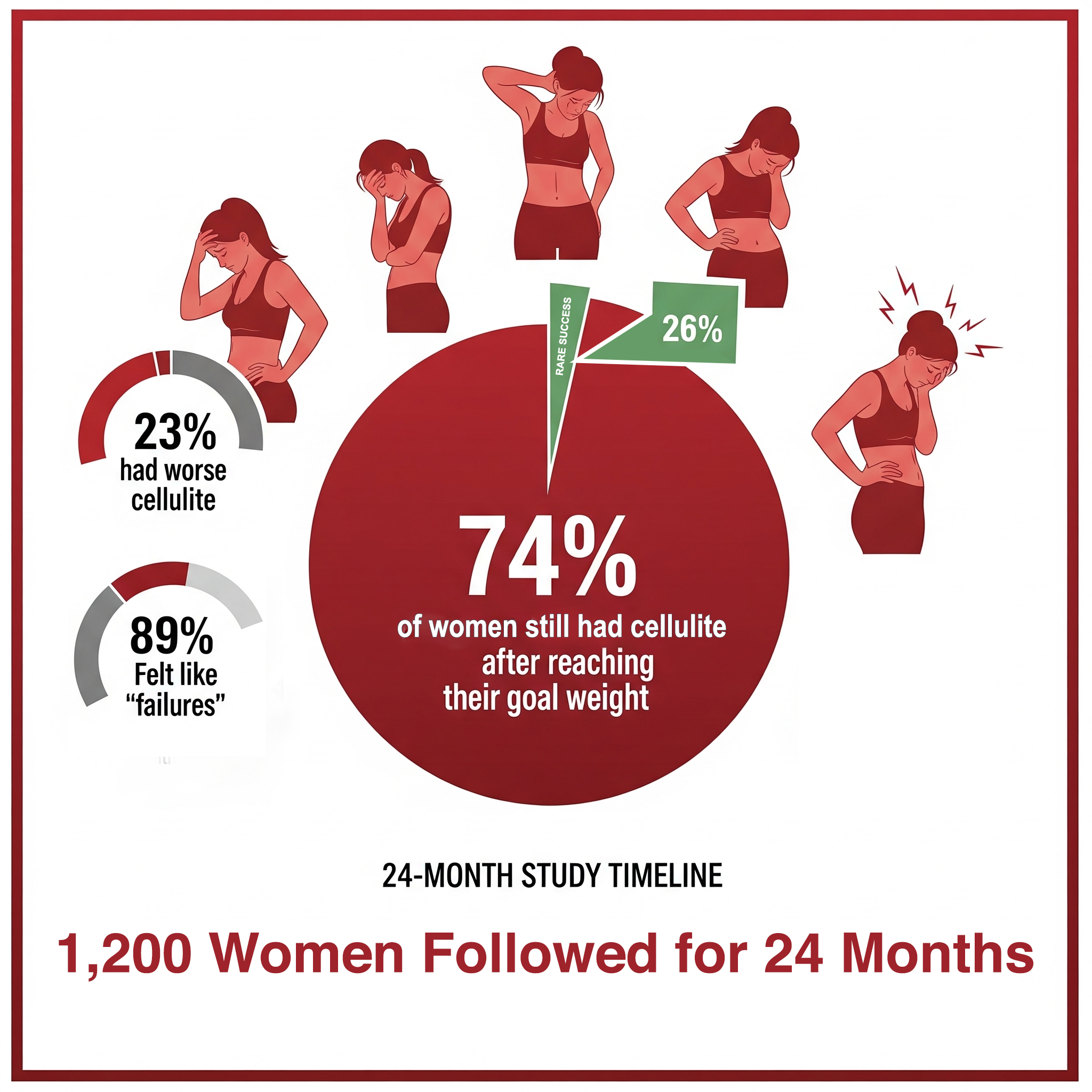 Infographic showing percentages of women with cellulite after reaching goal weight over 24 months.