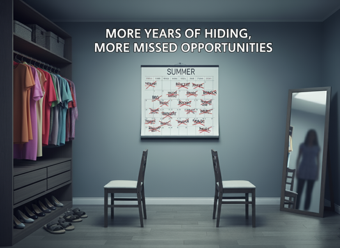 Closet with colorful clothes, calendar, chairs, and a mirror reflecting a blurred figure.