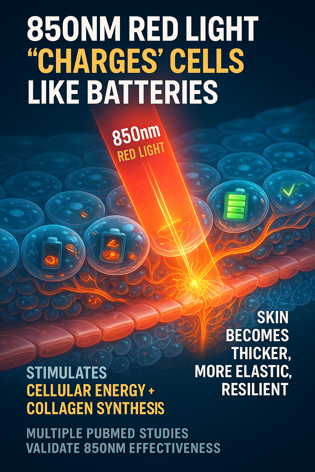 Graphic illustrating 850nm red light affecting skin cells, with text discussing benefits.