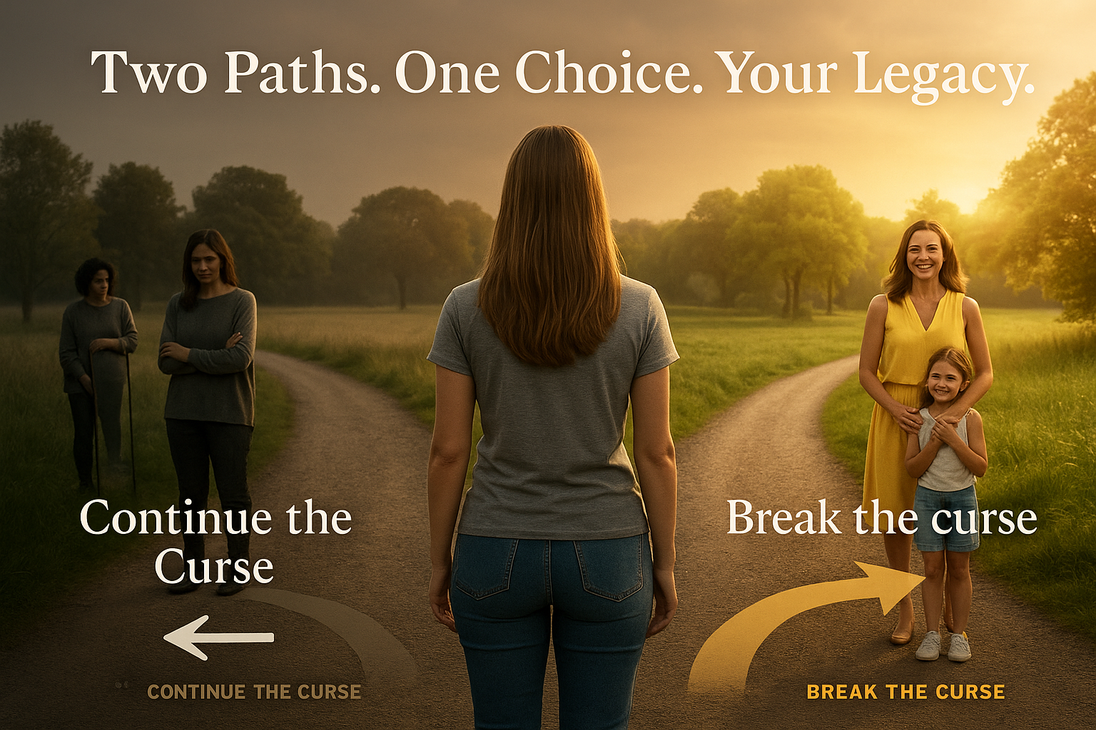 A woman stands at crossroads choosing between two paths: 'Continue the Curse' and 'Break the Curse.'
