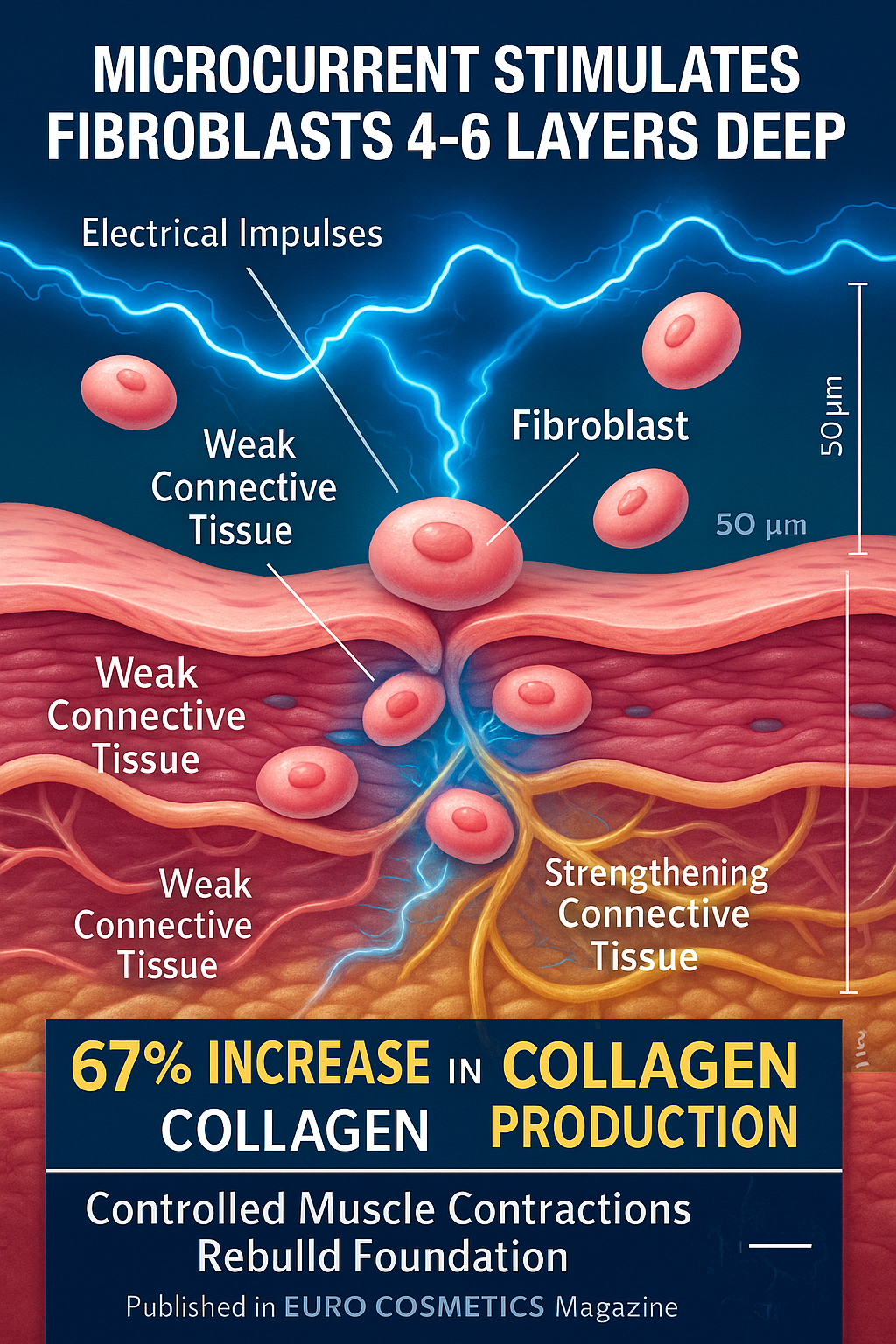 Illustration showing microcurrent stimulating fibroblasts in connective tissue layers with text annotations.