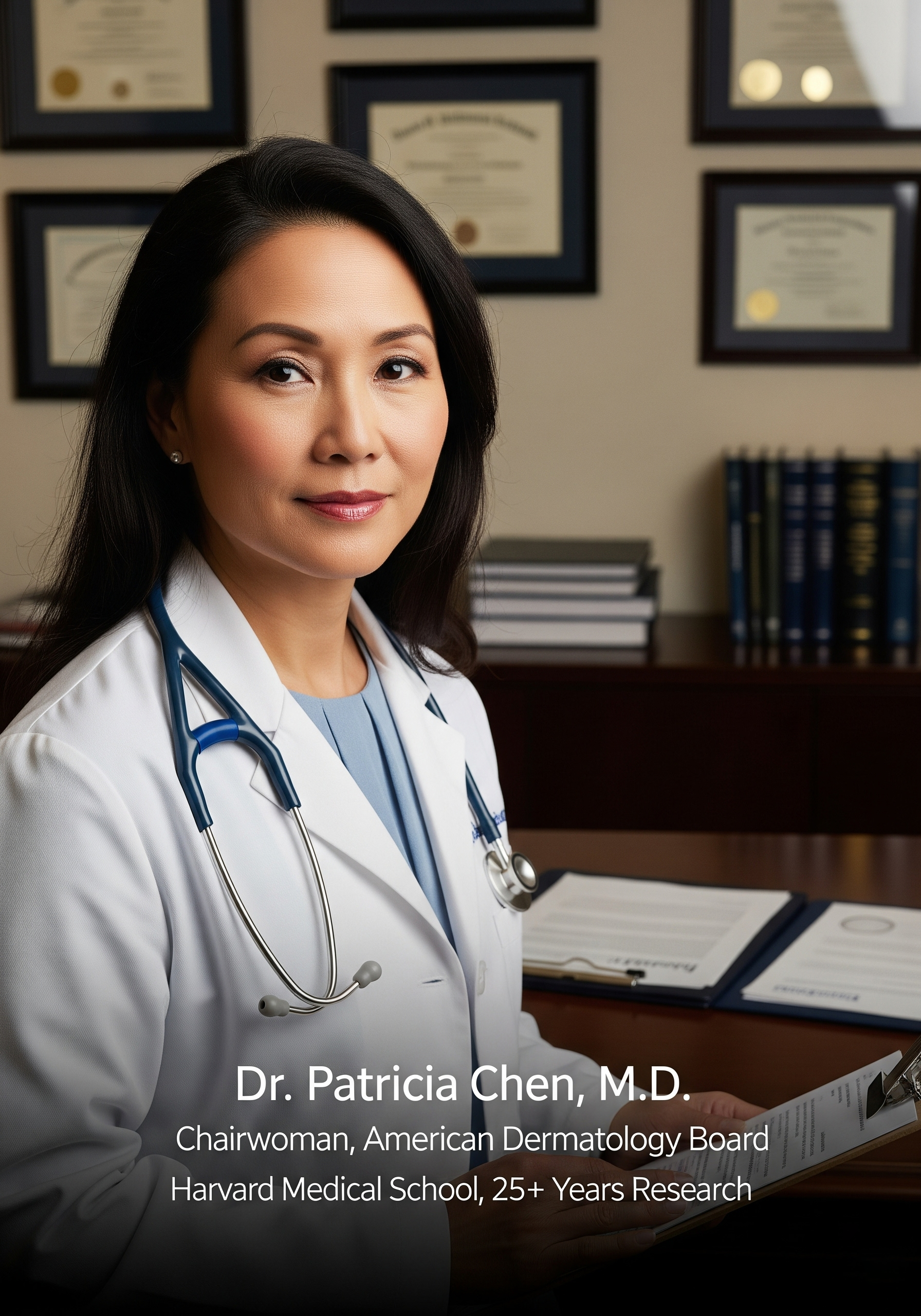 Woman in white coat with stethoscope, framed diplomas behind.
