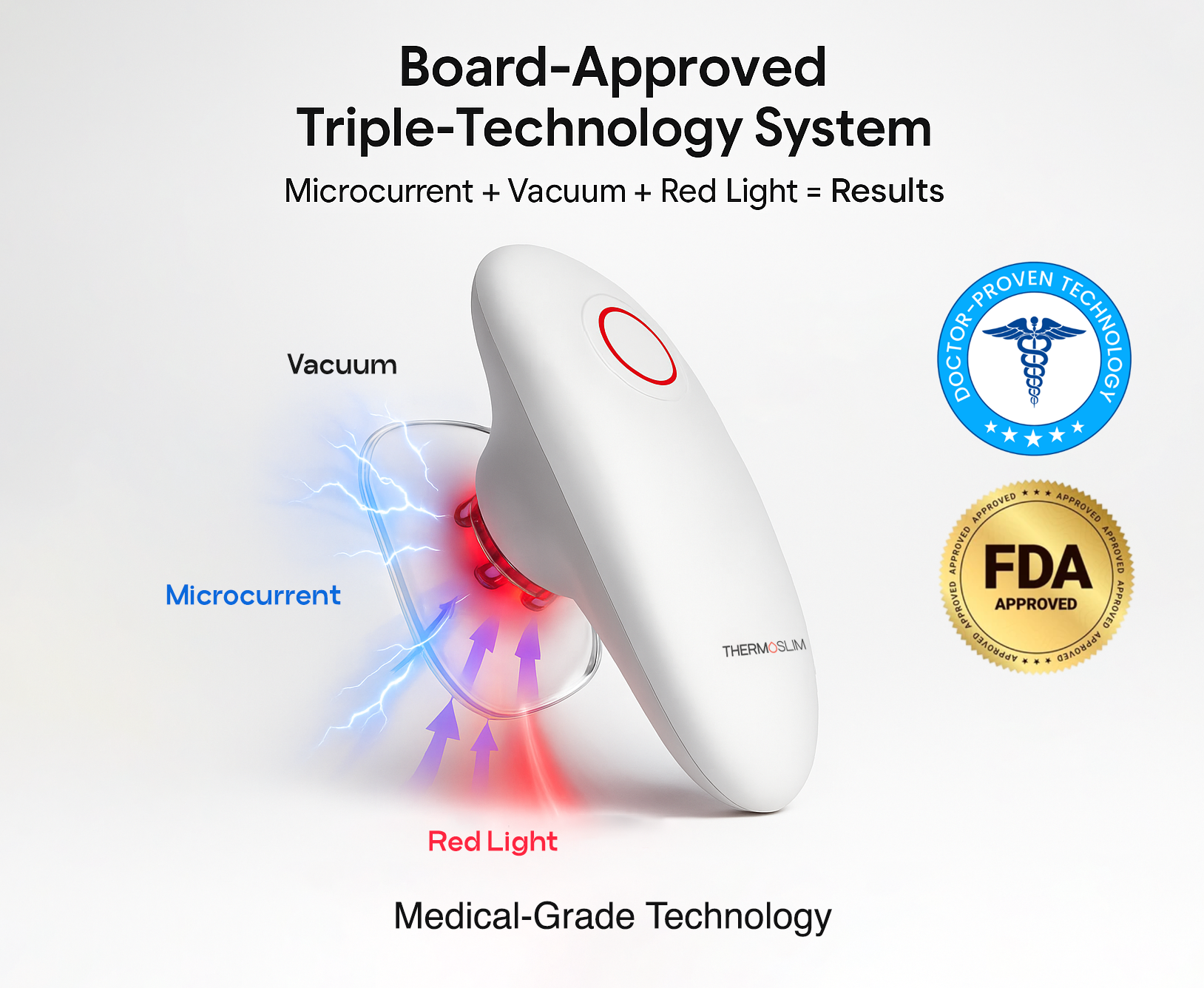 Device showing microcurrent, vacuum, red light technology with approval seals.