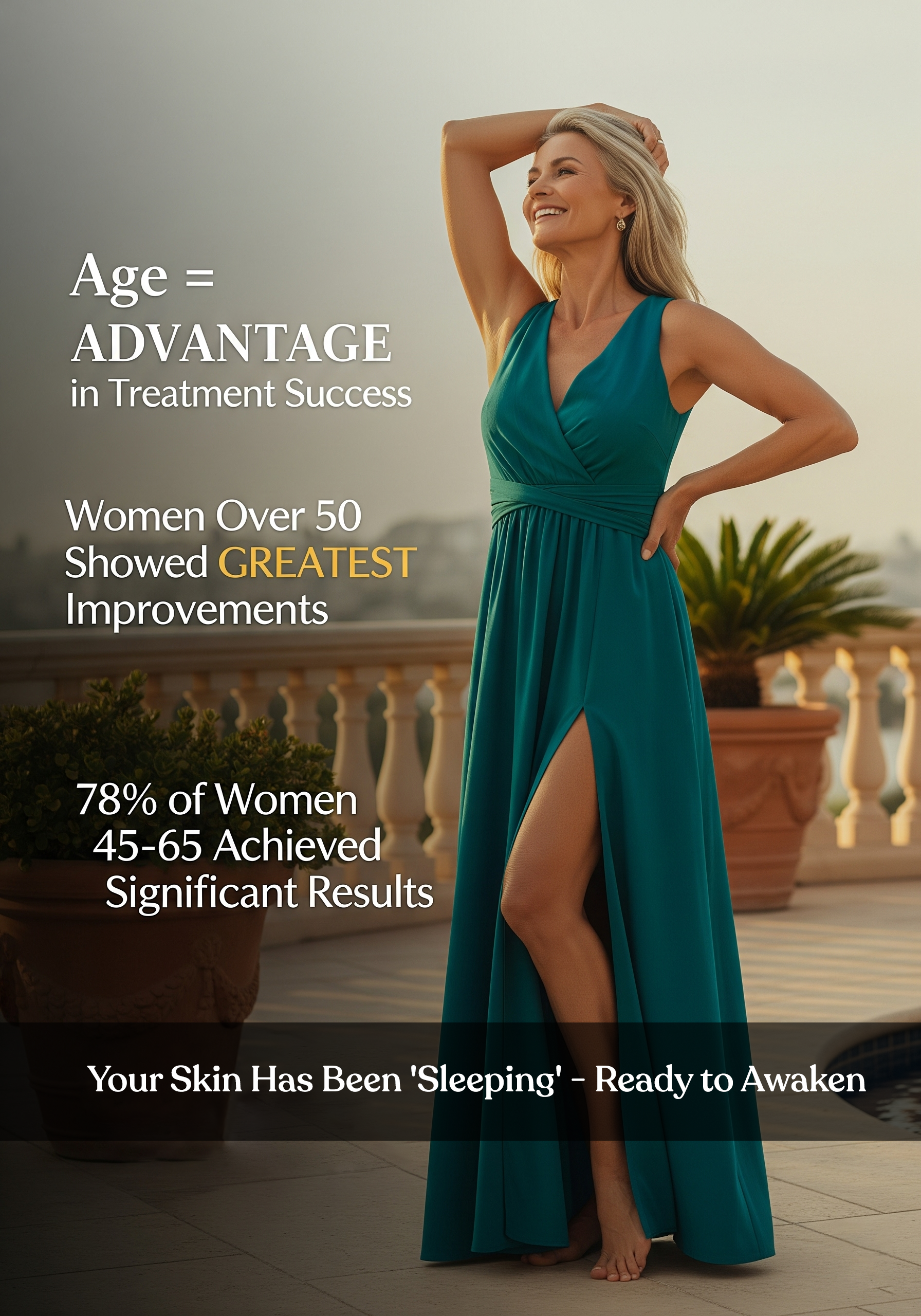 Smiling woman in teal dress stands on balcony, text about treatment success displayed.