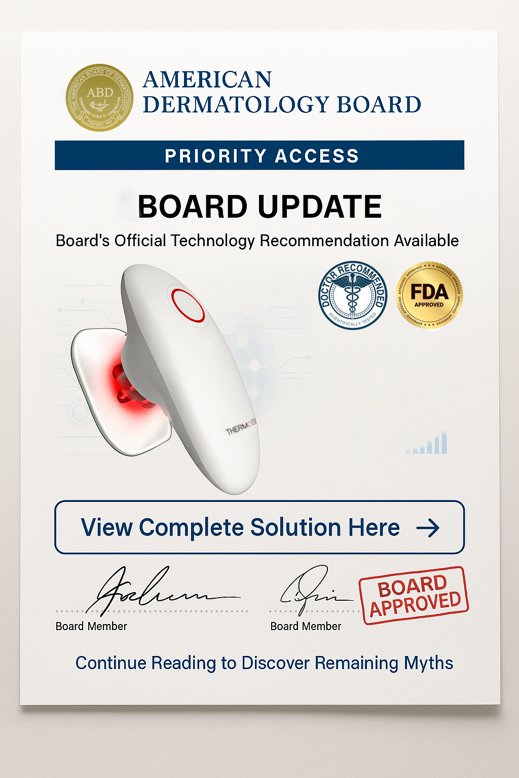 Promotional poster for a dermatology device with board approval and doctor recommendation badges.