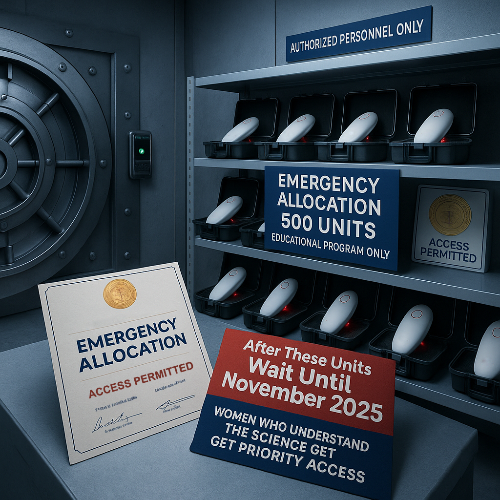 Storage room with emergency devices and allocation signs on shelves and table.
