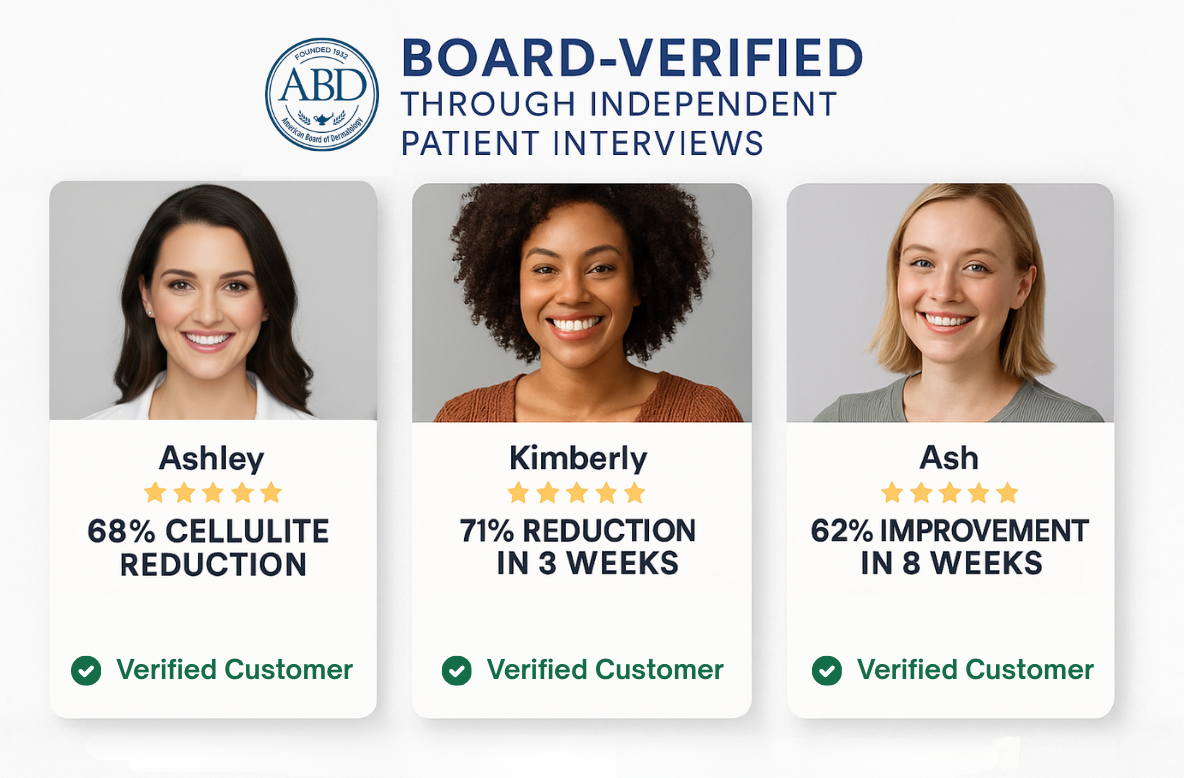 Three smiling women with verified customer reviews and improvement percentages.