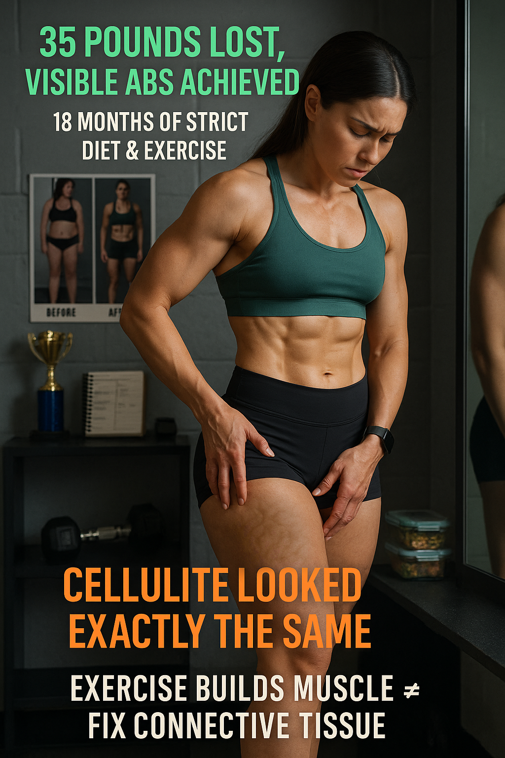 Woman in workout attire examining her thigh, with text about weight loss and cellulite.