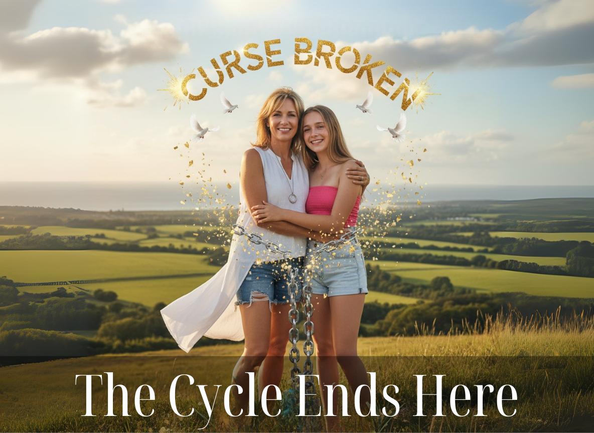 Two people hugging outdoors with text 'Curse Broken' and 'The Cycle Ends Here'.