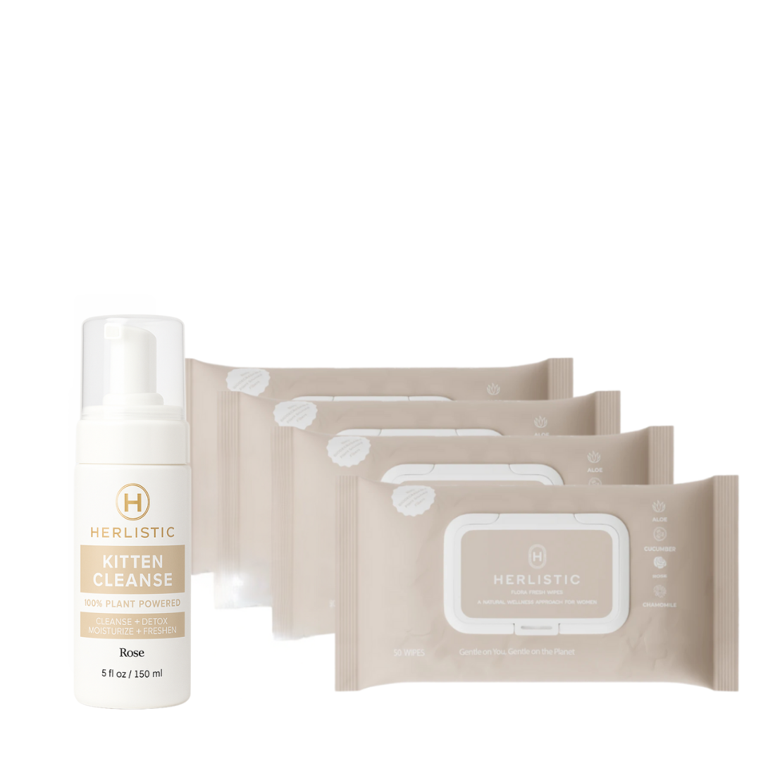 Herlistic Kitten Cleanse bottle and packs of cleansing wipes.