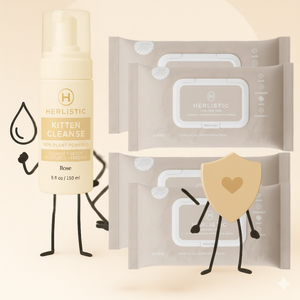 Plant-powered cleanser and wipes with stick-figure designs and heart emblem on shield.