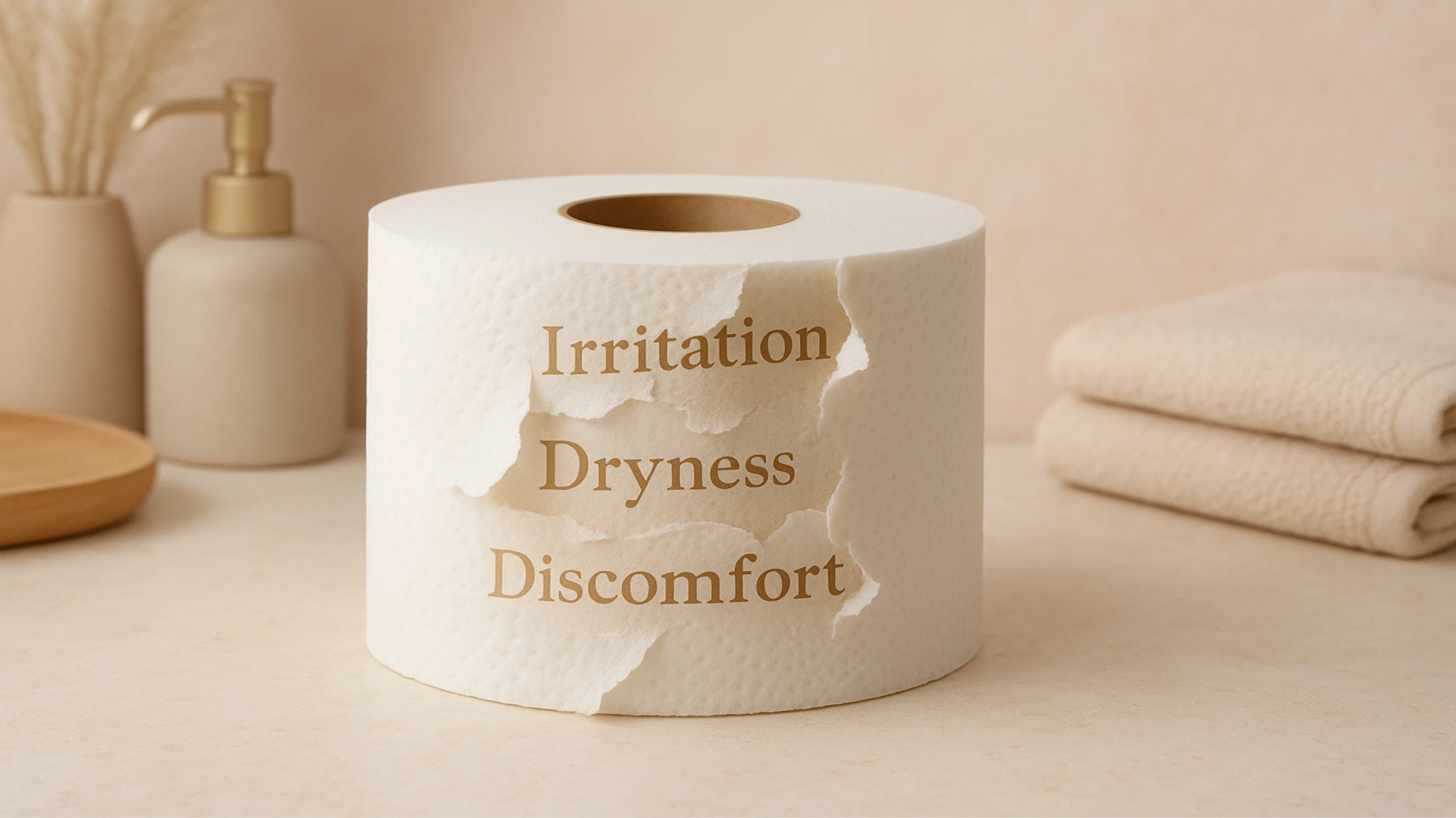 Toilet paper roll with words: Irritation, Dryness, Discomfort.