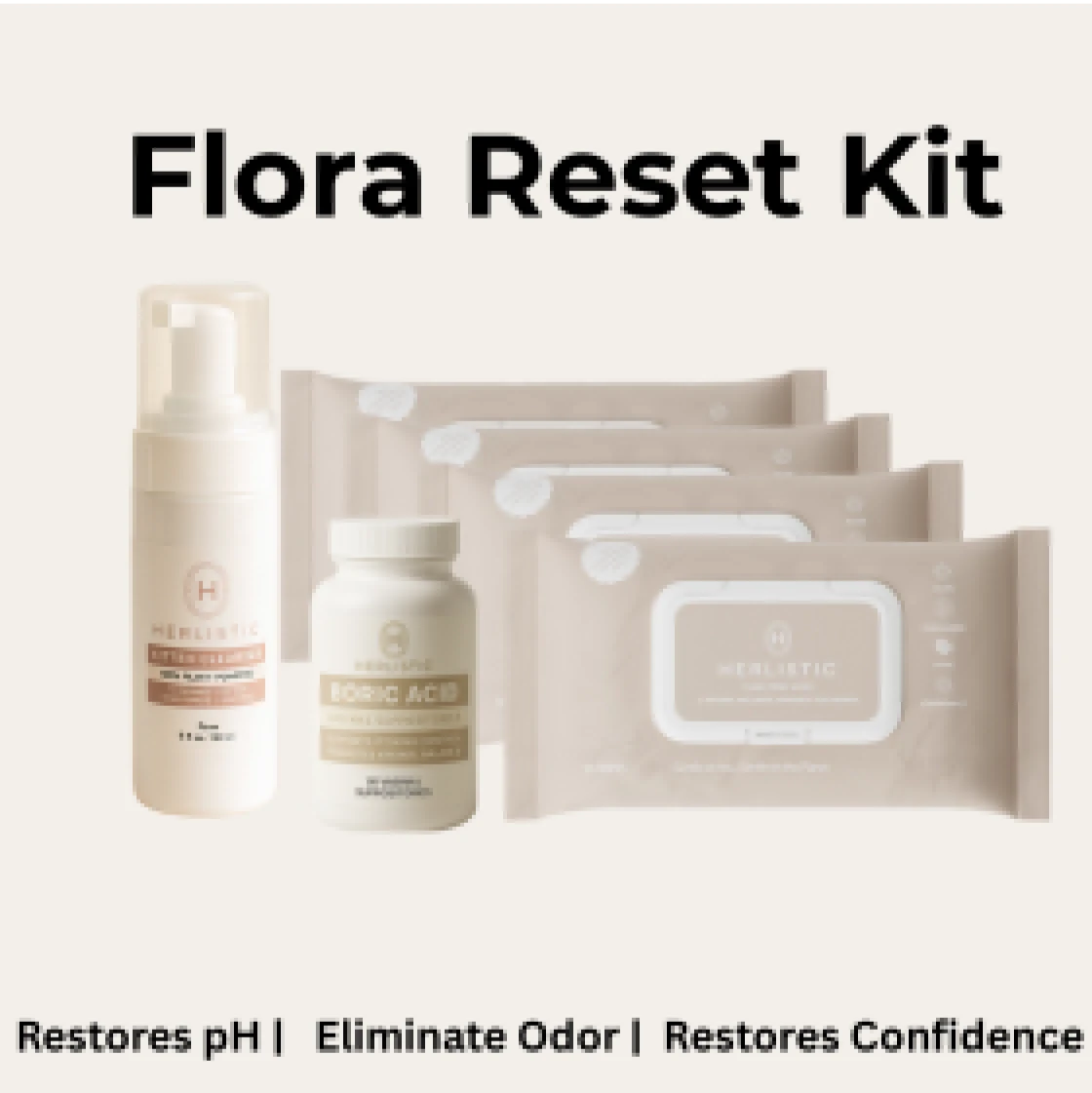 Flora Reset Kit with foam, capsules, and wipes, labeled for pH balance and odor elimination.