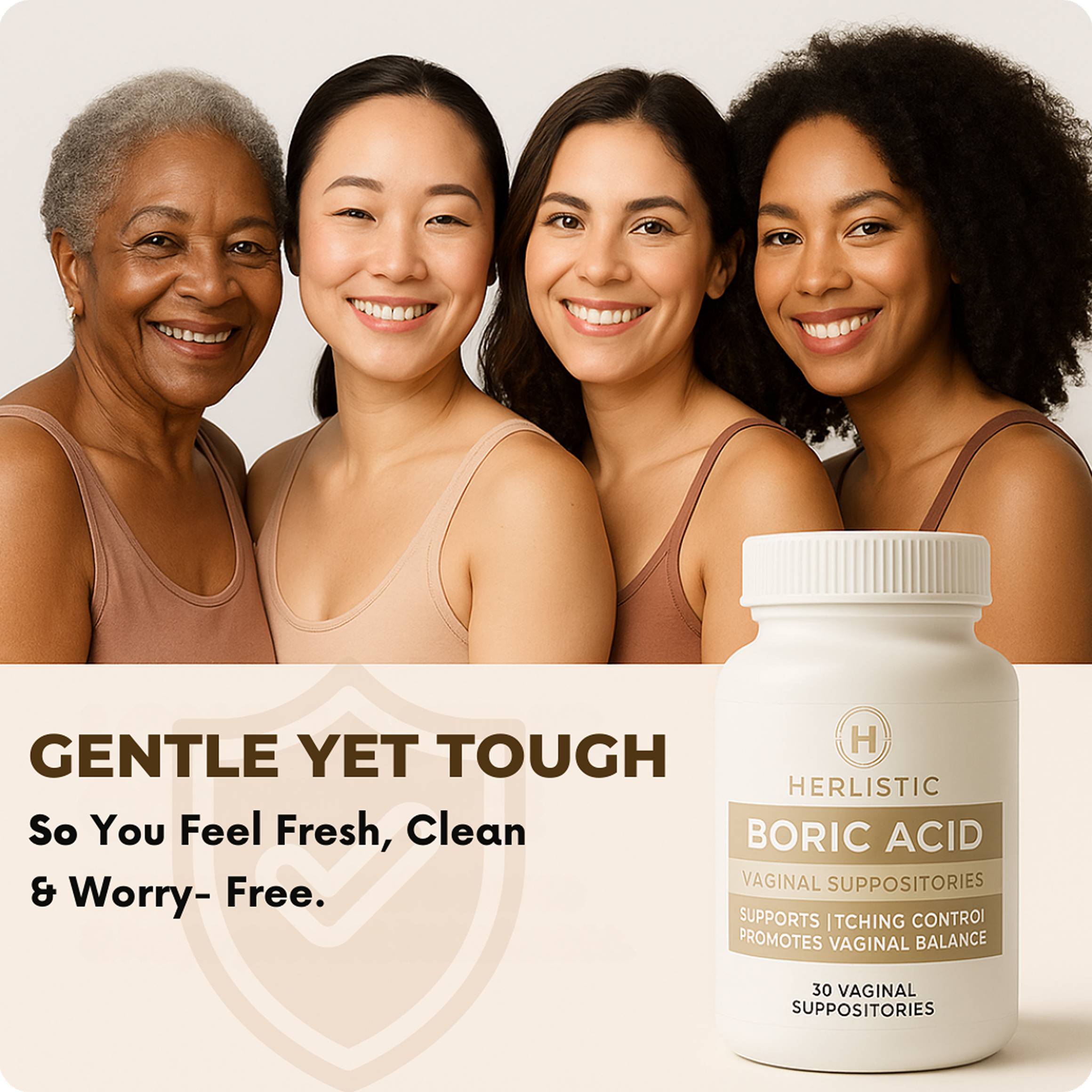 Four women smiling with a bottle of boric acid vaginal suppositories.