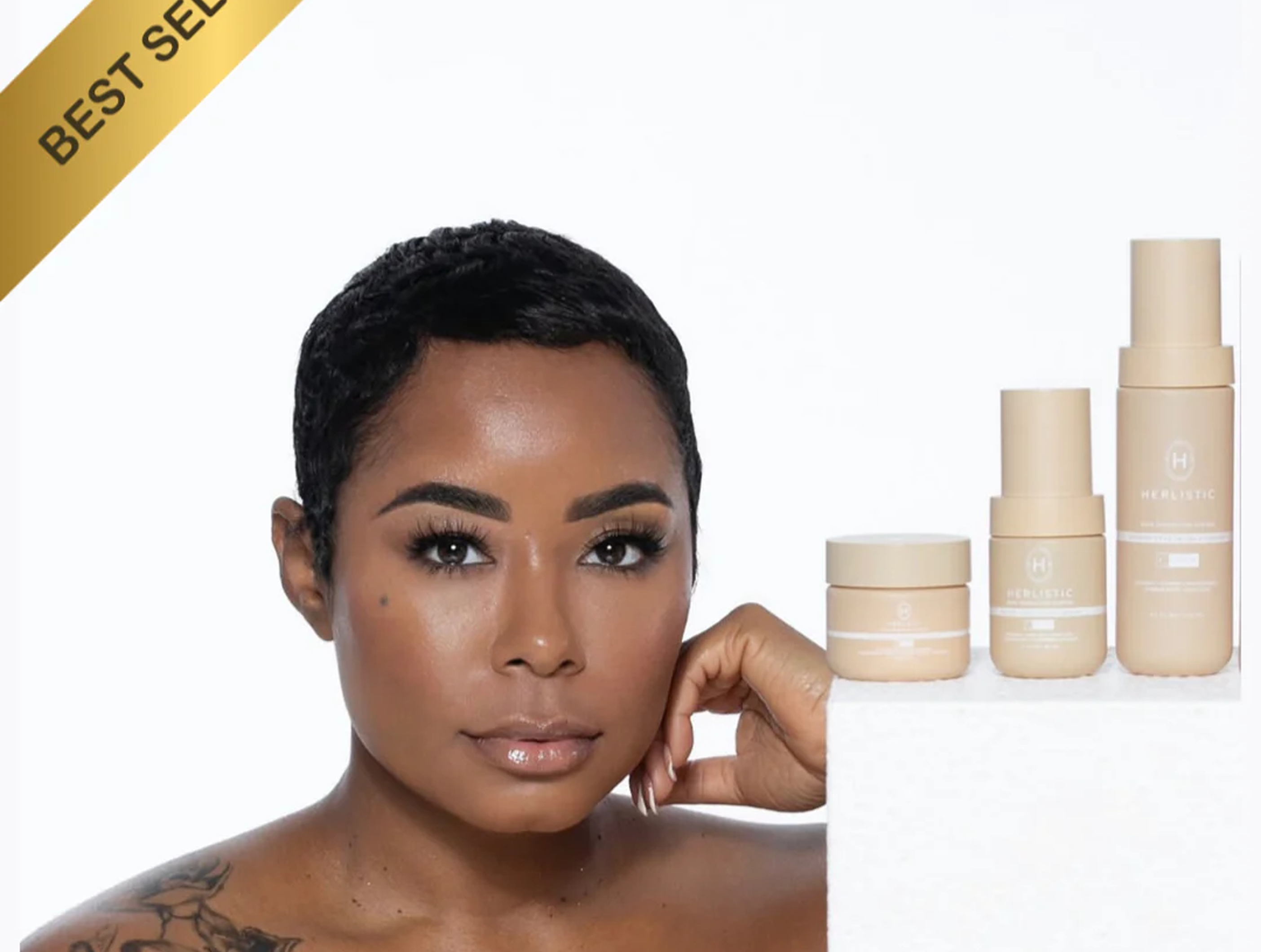 Person posing with skincare products labeled 'HERLISTIC' and a 'Best Seller' banner.