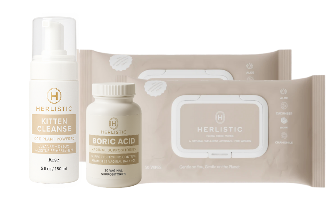 Three Herlistic products: Kitten Cleanse, Boric Acid, and Flora Fresh Wipes.