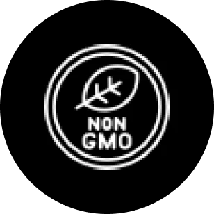 Black circle with 'Non GMO' and a leaf symbol in white.