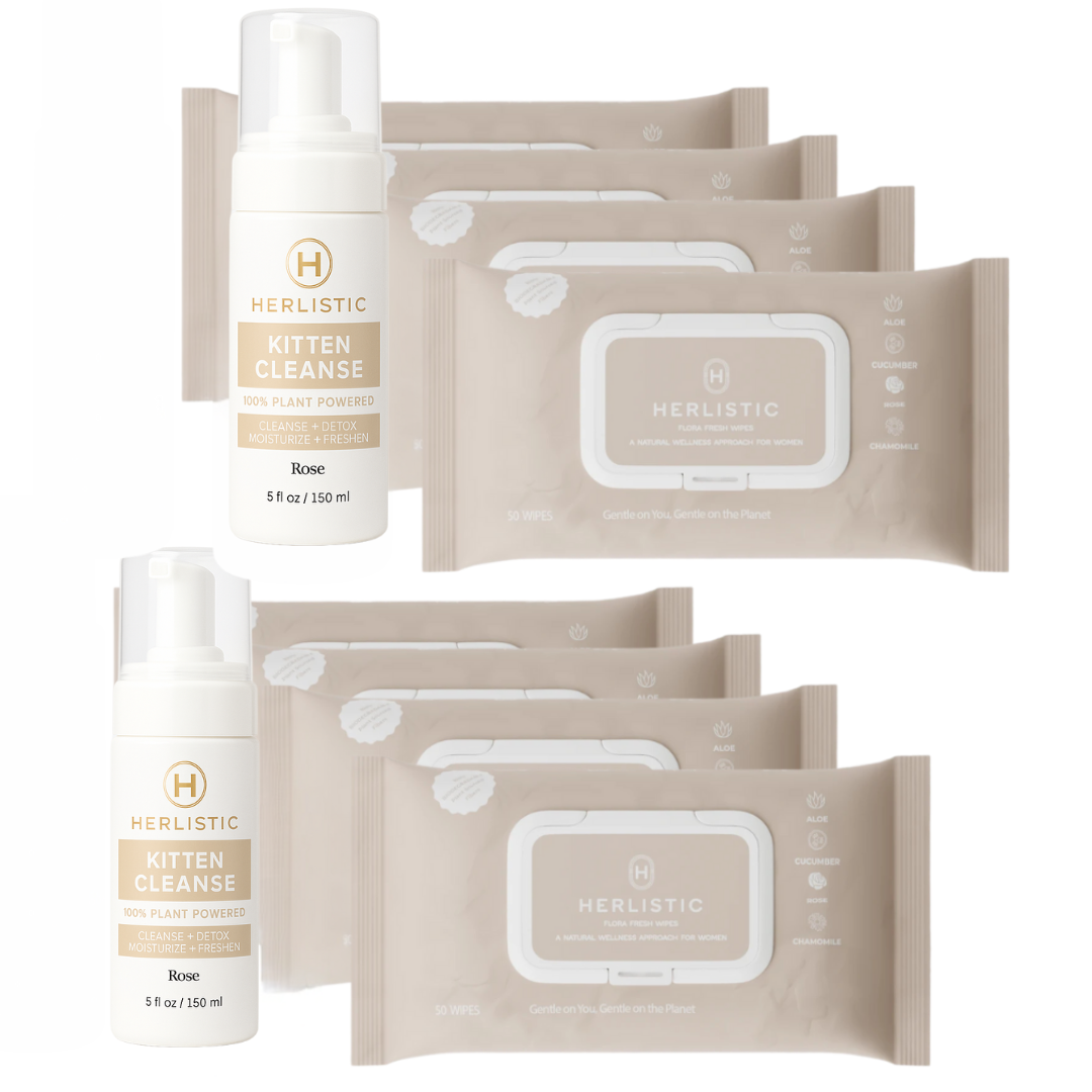 Kitten cleanse bottles and Herlistic wipes packages arranged together.