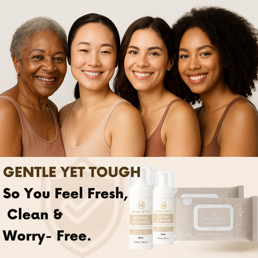 Four smiling women in tank tops promoting skincare products in front.