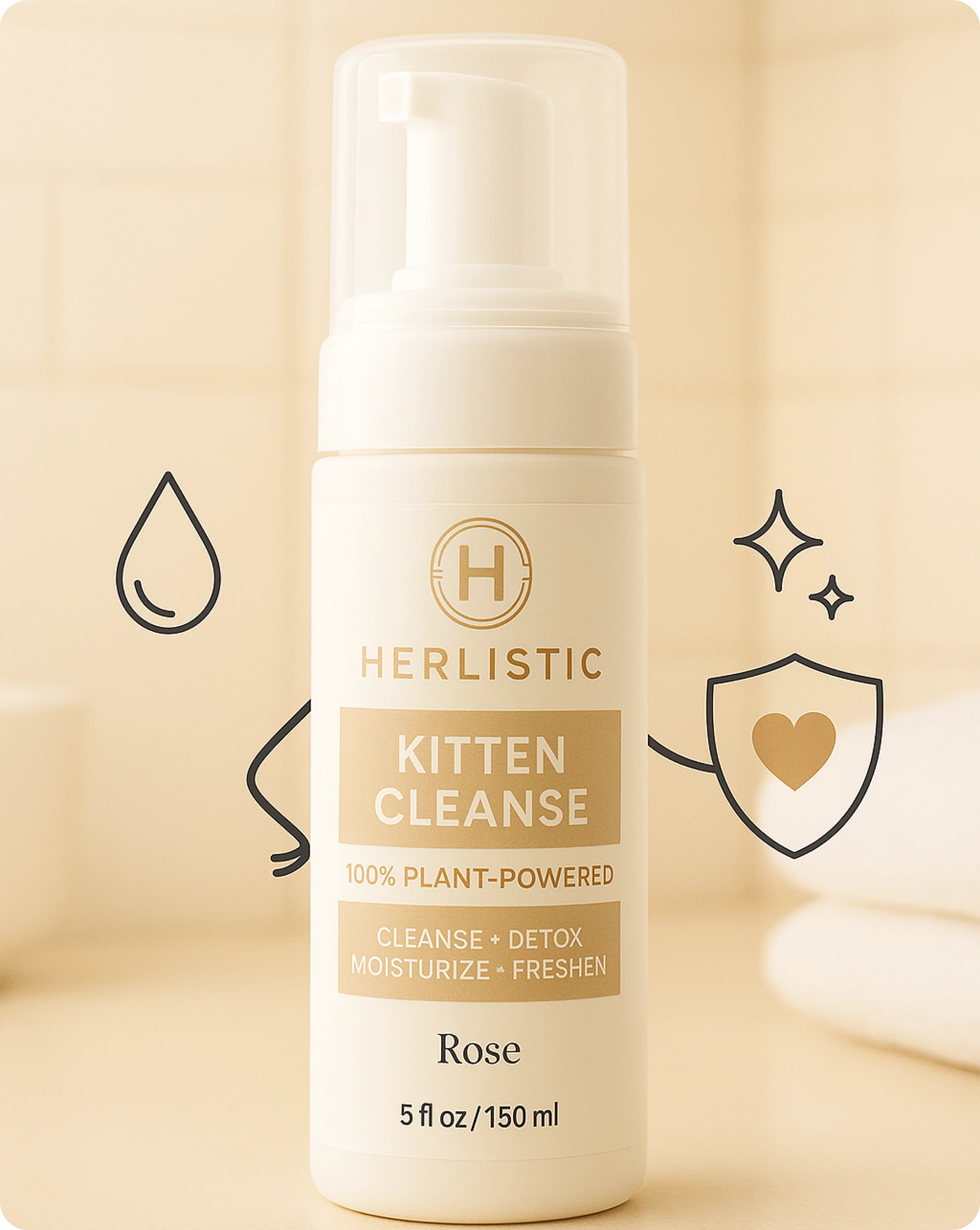 Bottle of Herlistic Kitten Cleanse with decorative icons on a beige background.