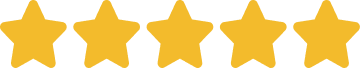 Five gold stars in a row on a transparent background.